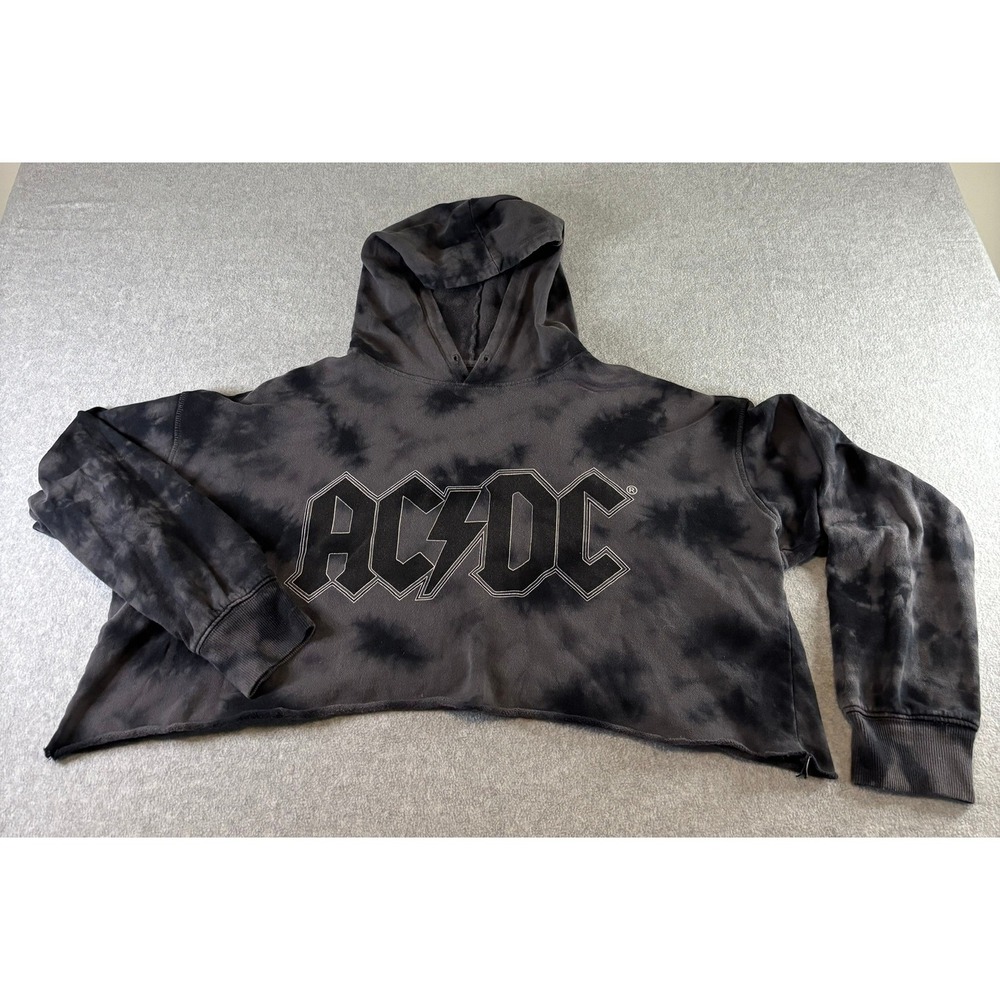 The Vinyl Icons AC/DC Tie Dye Cropped Hoodie Black Charcoal Graphic Rock Band